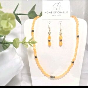 Orange Czech Crystal Beads Simple Minimalist  Necklace Earrings Jewelry Set